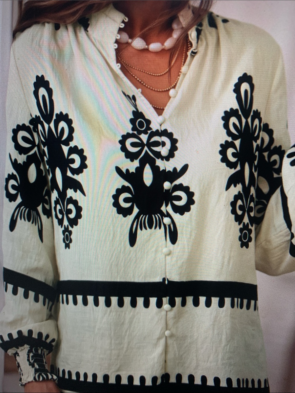 Women's Embroidered Button-Front Top - Black on Cream